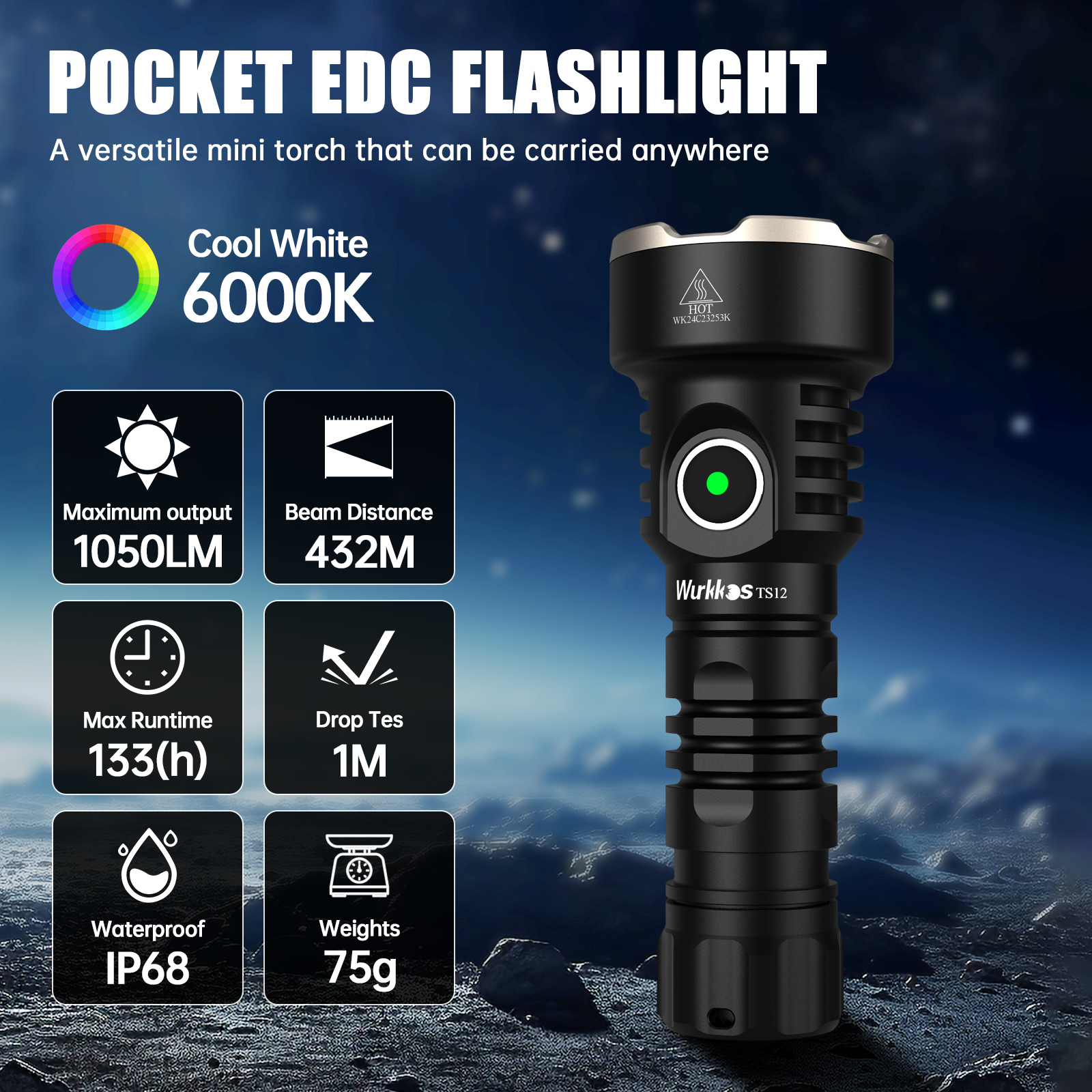 Wurkkos TS12 Latarka EDC, mini, akumulatorowa, 1050 lm, IP68