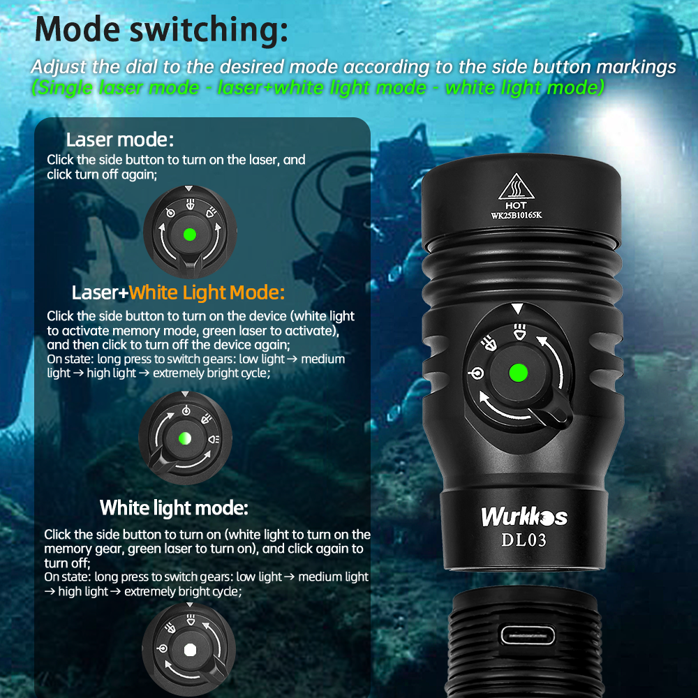 Wurkkos DL03 Latarka nurkowa 2800 lm, IPX8, światło białe i zielone