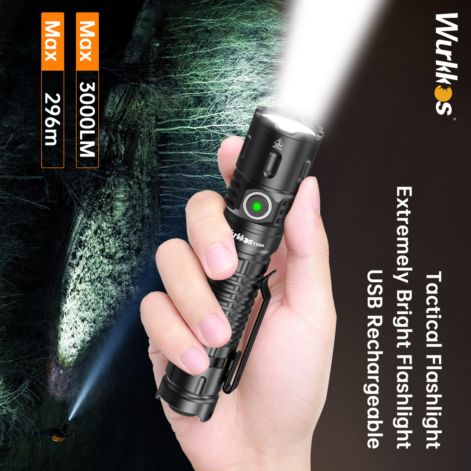 Wurkkos TD04 Latarka taktyczna 3000LM 296M, IPX8