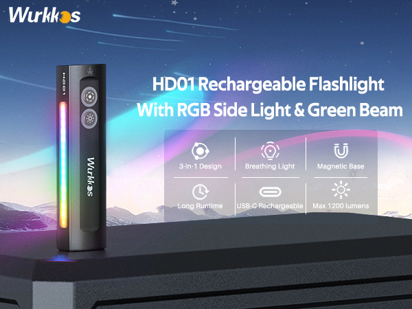 Wurkkos HD01 Latarka , 1200 lm, z magnetycznym ogonem, oświetlenie RGB, ładowalna