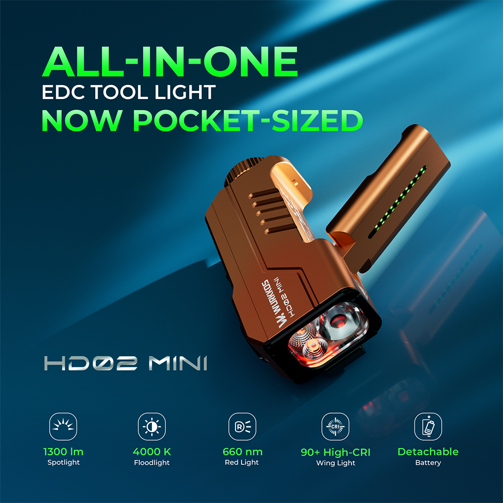 Wurkkos HD02 Mini Latarka EDC 1300 lm – kieszonkowa latarka z bocznym światłem skrzydłowym CRI 90+, światłem czerwonym i ładowaniem USB-C