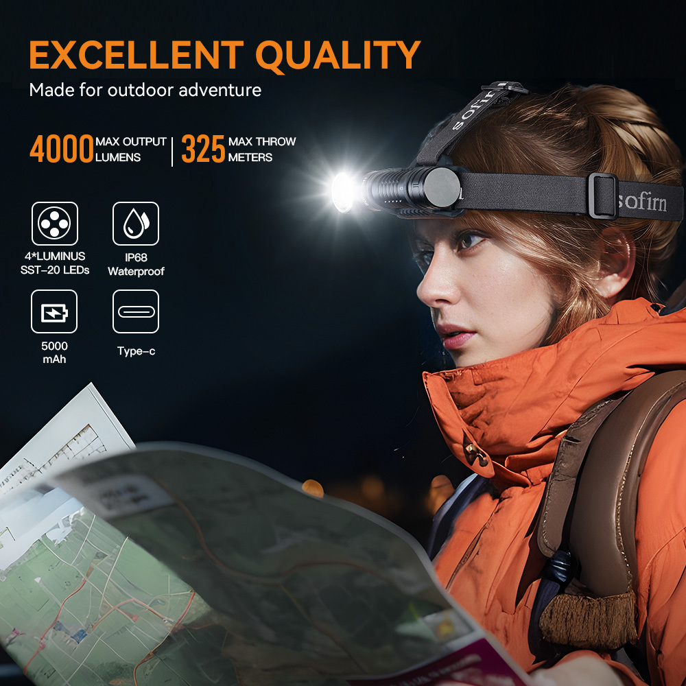 Latarka czołowa Sofirn HS41 4000LM kątowa z 4 diodami LED SST20, odłączana i ładowalna, może być również używana jako powerbank.