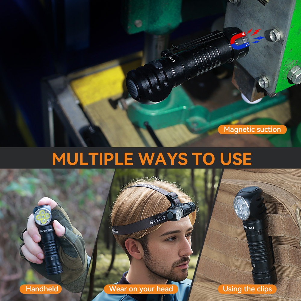 Latarka czołowa Sofirn HS41 4000LM kątowa z 4 diodami LED SST20, odłączana i ładowalna, może być również używana jako powerbank.