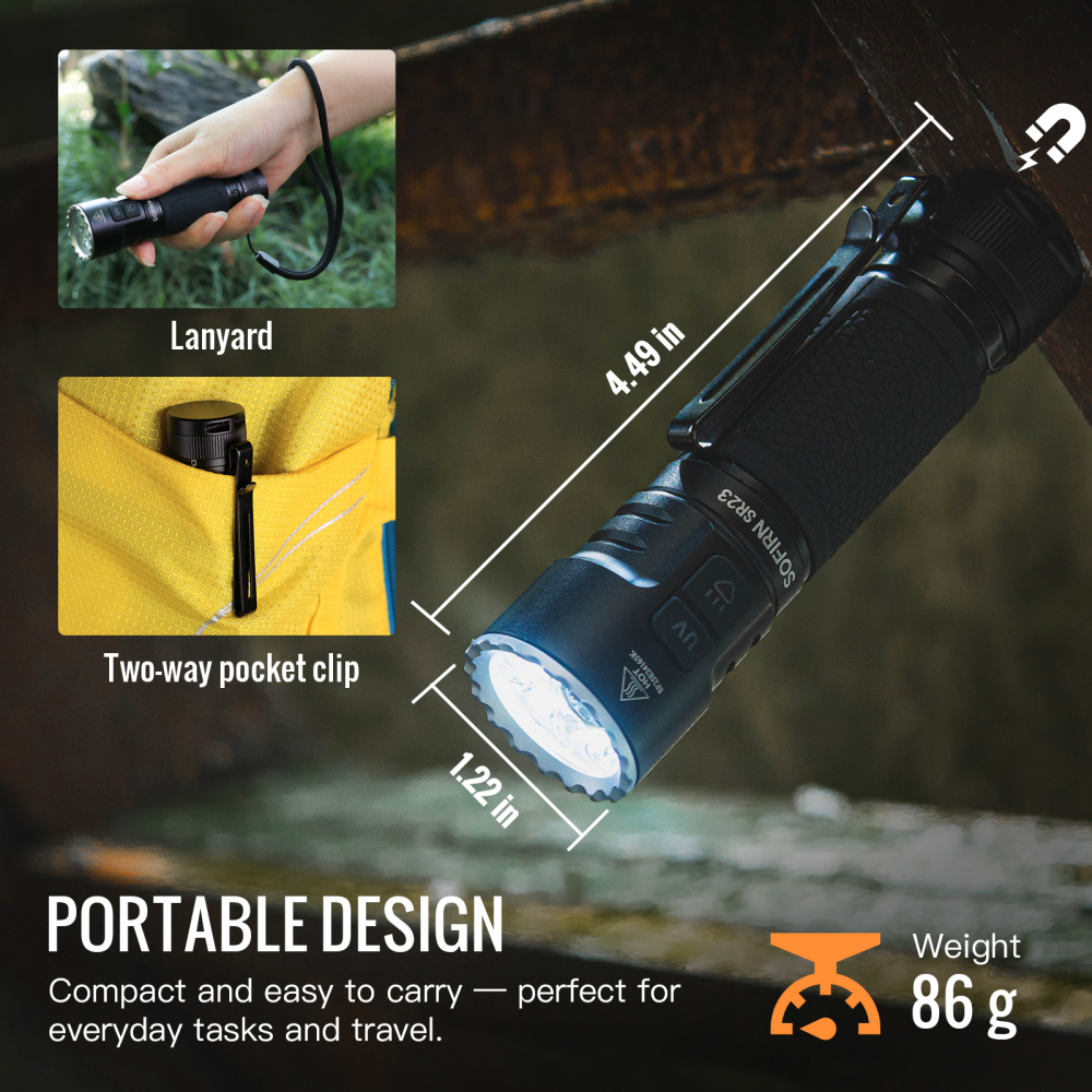 Sofirn SR23 3300LM przenośna latarka: połączenie białego światła i promieniowania UV 365 nm, wyposażona w akumulator 21700, ładowanie przez USB-C, wodoodporność IP68, odpowiednia do biwakowania, pieszych wędrówek i testowania.