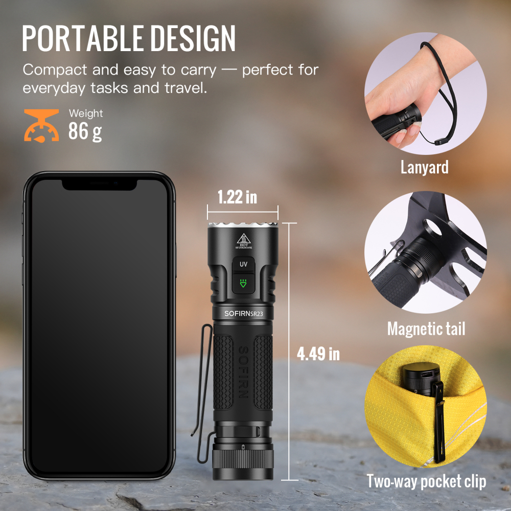 Sofirn SR23 3300LM przenośna latarka: połączenie białego światła i promieniowania UV 365 nm, wyposażona w akumulator 21700, ładowanie przez USB-C, wodoodporność IP68, odpowiednia do biwakowania, pieszych wędrówek i testowania.