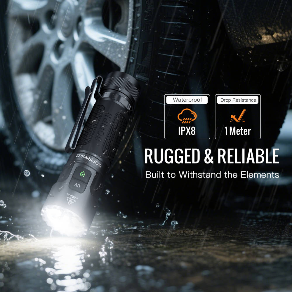 Sofirn SR23 3300LM przenośna latarka: połączenie białego światła i promieniowania UV 365 nm, wyposażona w akumulator 21700, ładowanie przez USB-C, wodoodporność IP68, odpowiednia do biwakowania, pieszych wędrówek i testowania.