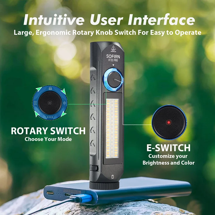 Mocna latarka EDC Sofirn IF23 PRO 5000LM emituje białe światło oraz efekty świetlne RGB, obsługuje ładowanie przez USB-C oraz ładowanie zwrotne i doskonale nadaje się do użytku na kempingu, podczas pieszych wędrówek i aktywności na świeżym powietrzu.