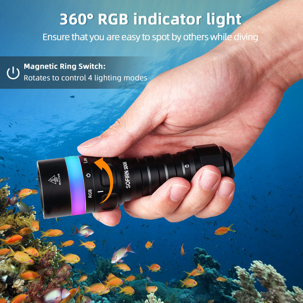 Sofirn SD08 Mocna latarka nurkowa o mocy 3200 lumenów i zasięgu 385 metrów, z obrotowym przełącznikiem, oświetleniem RGB 360°, wodoodpornością IP68, odpowiednia do nurkowania, eksploracji jaskiń i pozycjonowania