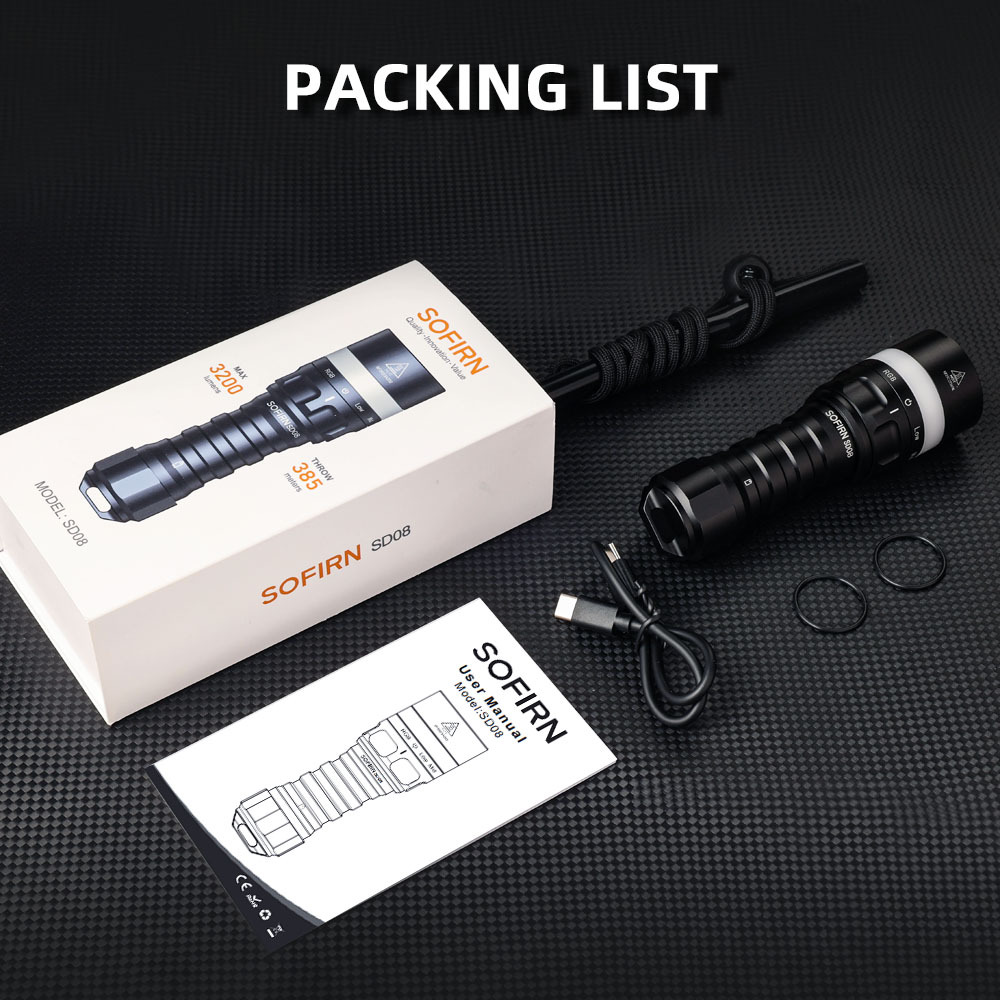 Sofirn SD08 Mocna latarka nurkowa o mocy 3200 lumenów i zasięgu 385 metrów, z obrotowym przełącznikiem, oświetleniem RGB 360°, wodoodpornością IP68, odpowiednia do nurkowania, eksploracji jaskiń i pozycjonowania