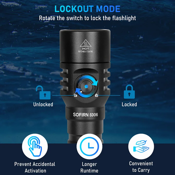 Sofirn SD06 Mocna latarka nurkowa Sofirn SD06 o mocy 3200 lumenów wyposażona jest w diodę LED SFT70 o zasięgu do 472 metrów i trzech trybach ustawiania ostrości, przydatnych podczas fotografii podwodnej, wędkowania i oświetlenia zewnętrznego.