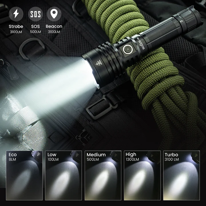 Sofirn C8L Bardzo jasna, ładowalna latarka taktyczna wyposażona w najnowszą diodę LED CREXHP5ODHi i inteligentną technologię ATR. Wodoodporna (IPX8) do pieszych wędrówek, patrolowania i samoobrony.