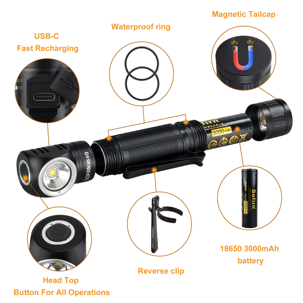 Akumulatorowa latarka czołowa Sofirn HS40, 2000 lm, IPX8, z magnetyczną zaślepką