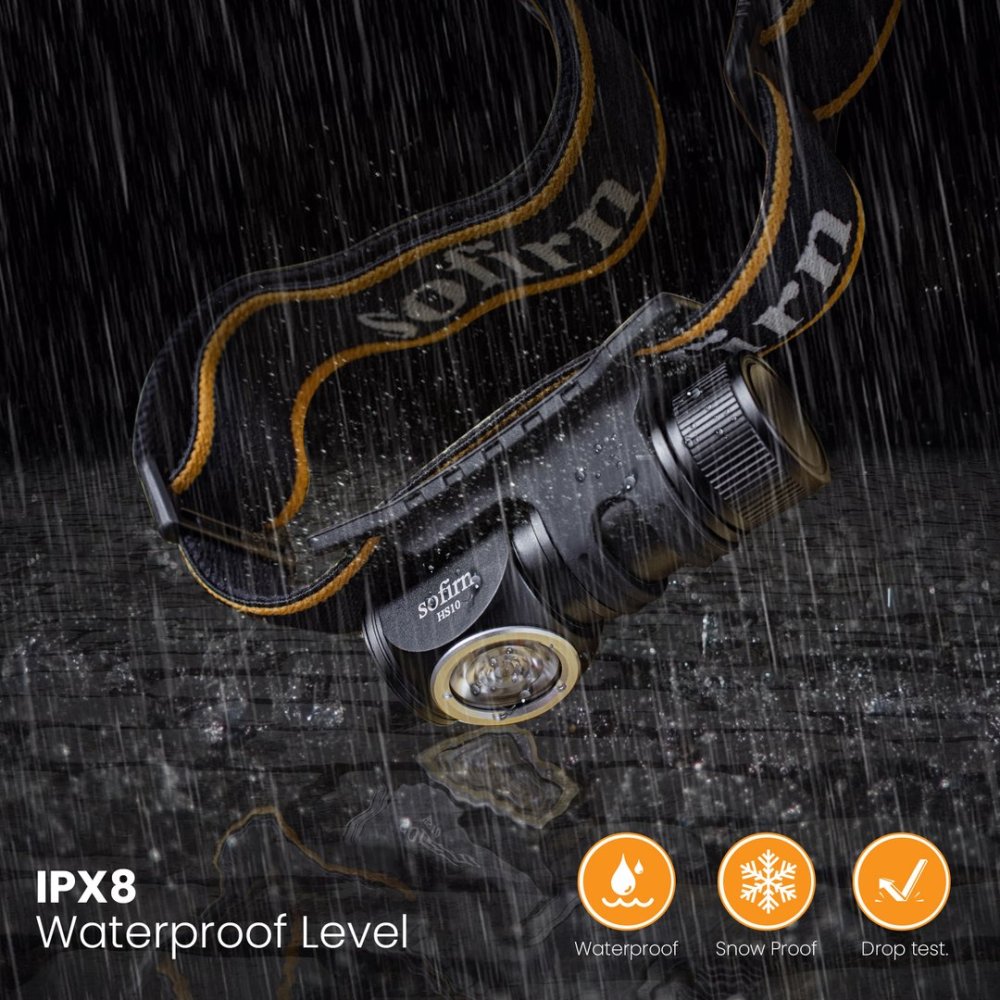 SOFIRN HS10 Akumulatorowa latarka czołowa, 1100 lumenów, zasięg 129 metrów, wodoodporna IPX8, z magnetyczną zatyczką.