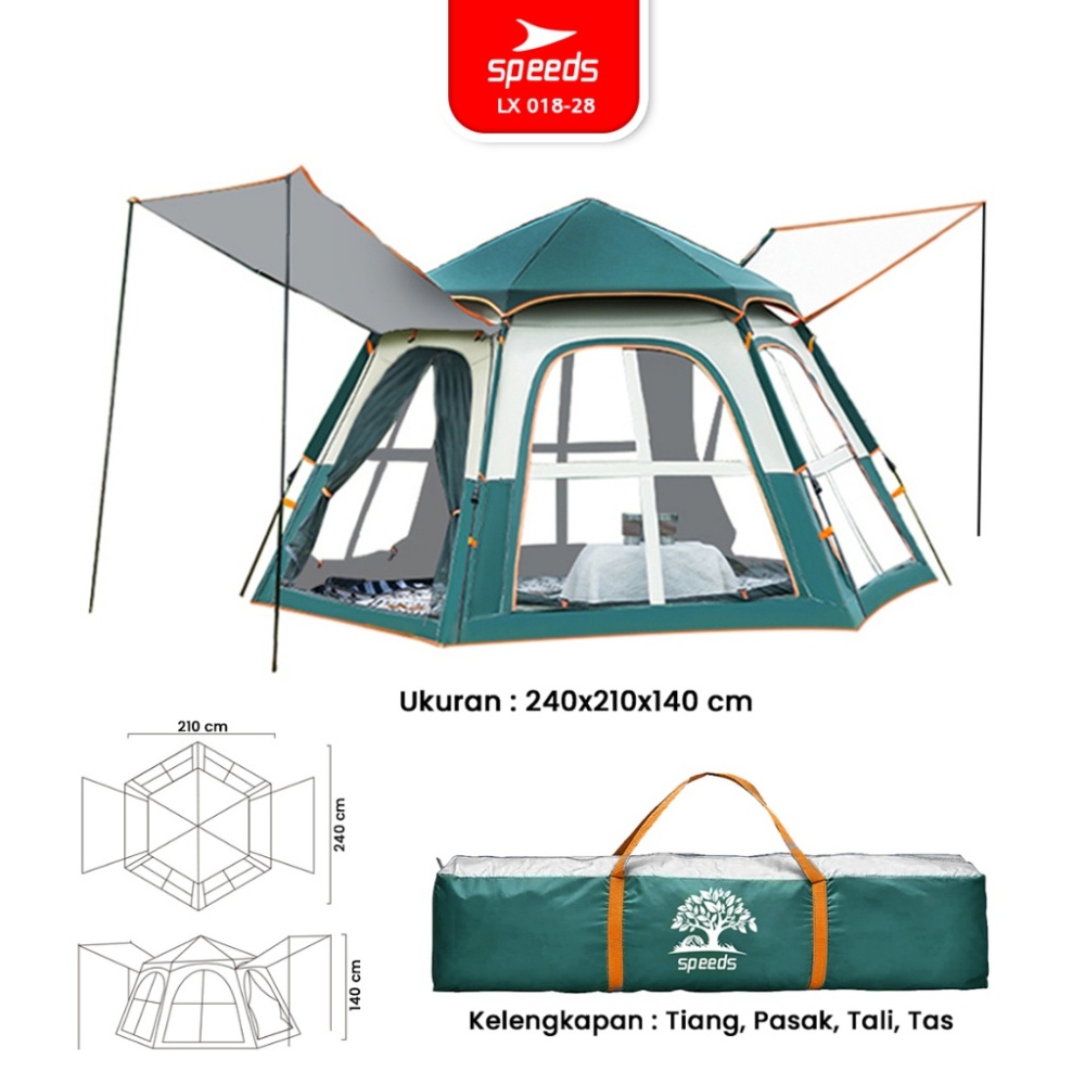 SPEEDS Tenda Camping Besar Otomatis Portabel Piknik Indoor Muat 3-5 Orang 2 Pintu Kemah Outdoor Dengan Kanopi 018-28