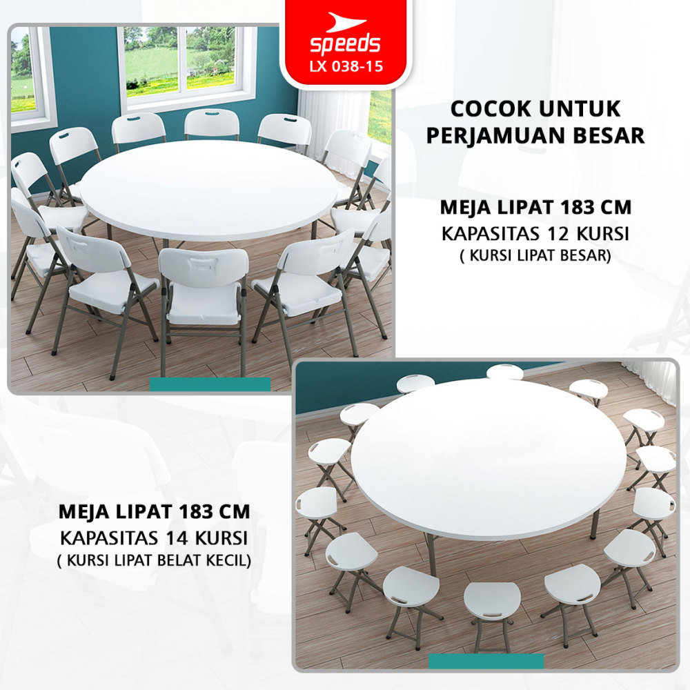 SPEEDS Meja Lipat Plastik Serbaguna 183x183x74cm Folding Table Lingkaran Indoor Outdoor Piknik Meja Makan 038-15