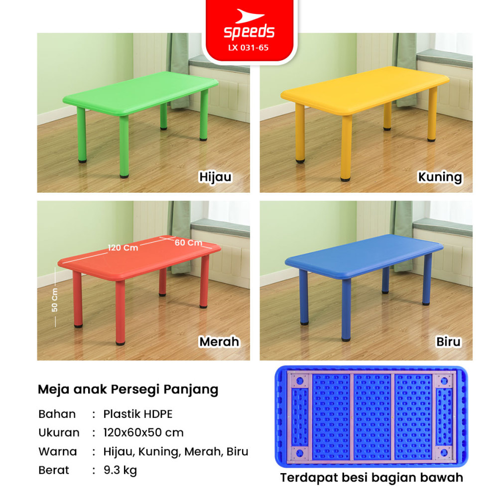 SPEEDS Meja Belajar Anak Rectangular Kids Ergonomis Kin Table Meja Persegi Panjang TK Paud Colorful Kids Table Warna Warni 031-65