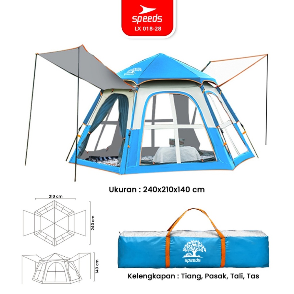 SPEEDS Tenda Camping Besar Otomatis Portabel Piknik Indoor Muat 3-5 Orang 2 Pintu Kemah Outdoor Dengan Kanopi 018-28