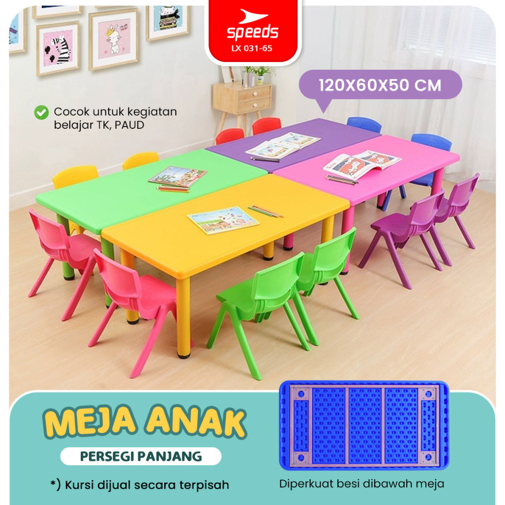SPEEDS Meja Belajar Anak Rectangular Kids Ergonomis Kin Table Meja Persegi Panjang TK Paud Colorful Kids Table Warna Warni 031-65