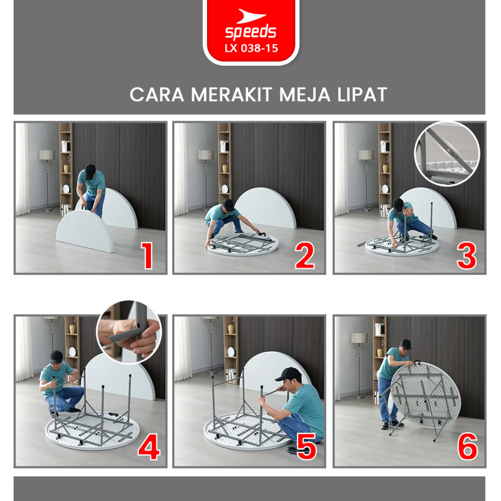 SPEEDS Meja Lipat Plastik Serbaguna 183x183x74cm Folding Table Lingkaran Indoor Outdoor Piknik Meja Makan 038-15