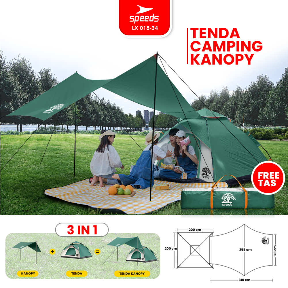 SPEEDS Tenda Camping 3in1 Kanopi TeduhAnti Panas Tent Kemah Mendaki 3-4 Orang Portabel Outdoor 018-34