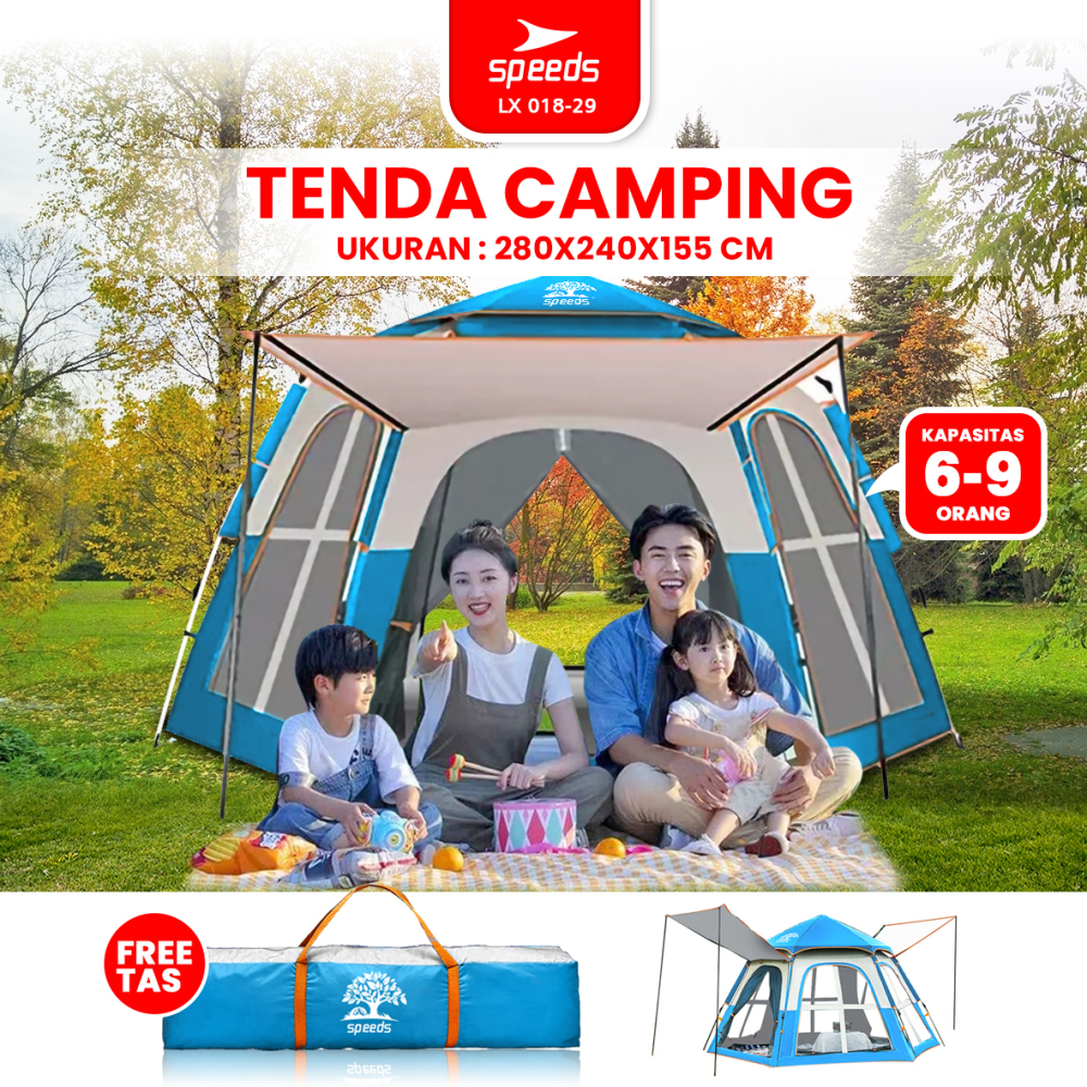 SPEEDS Tenda Camping Besar Otomatis Portabel Muat 6-9 Orang 2 Pintu Kemah Outdoor Kanopi Waterproof 018-29