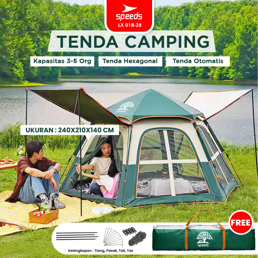 SPEEDS Tenda Camping Besar Otomatis Portabel Piknik Indoor Muat 3-5 Orang 2 Pintu Kemah Outdoor Dengan Kanopi 018-28