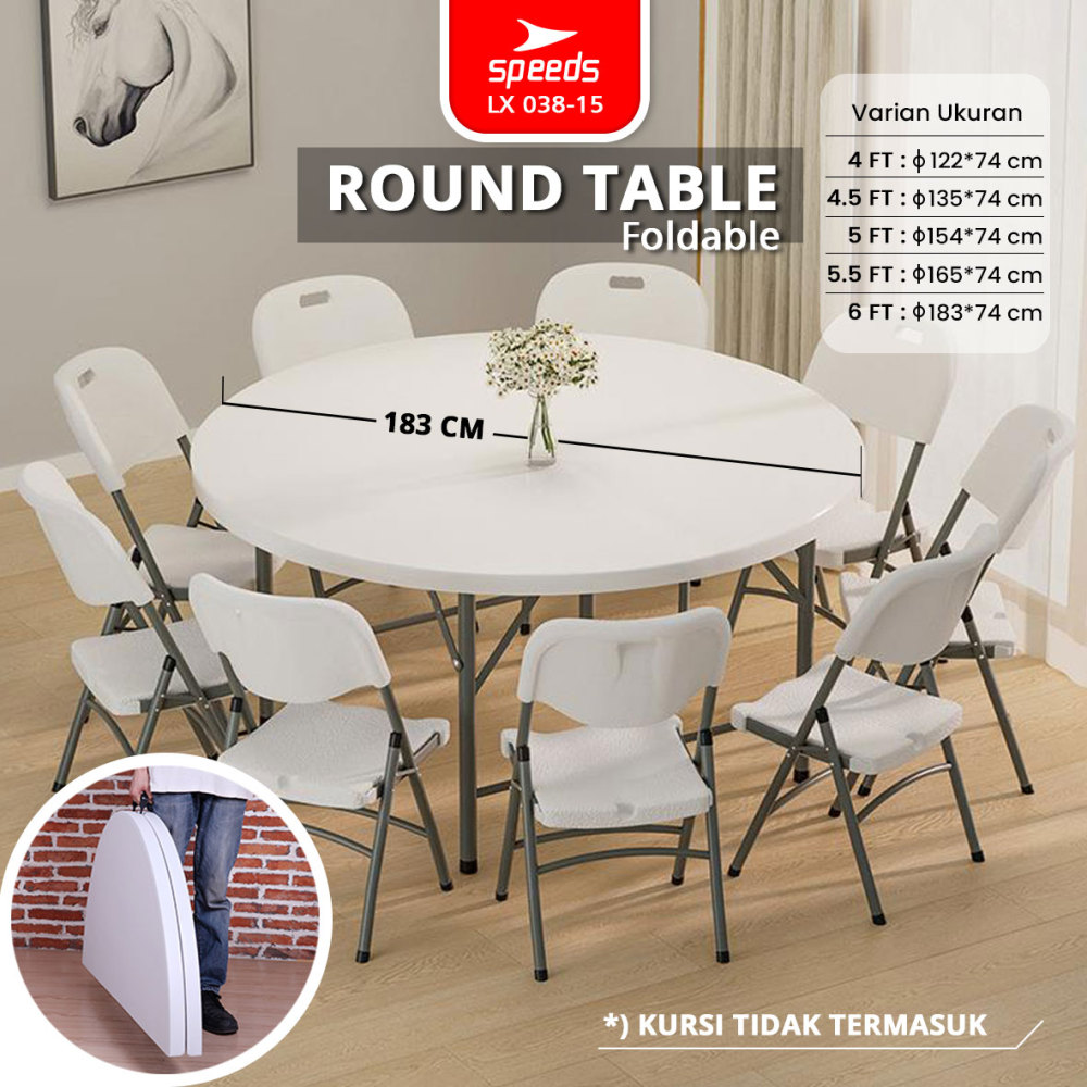 SPEEDS Meja Lipat Plastik Serbaguna 183x183x74cm Folding Table Lingkaran Indoor Outdoor Piknik Meja Makan 038-15