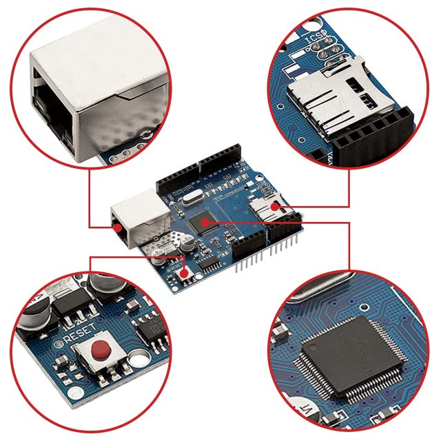 W5100 Ethernet Network Shield with SD Card Slot – Compatible for UNO R3 & MEGA 2560 Development Boards