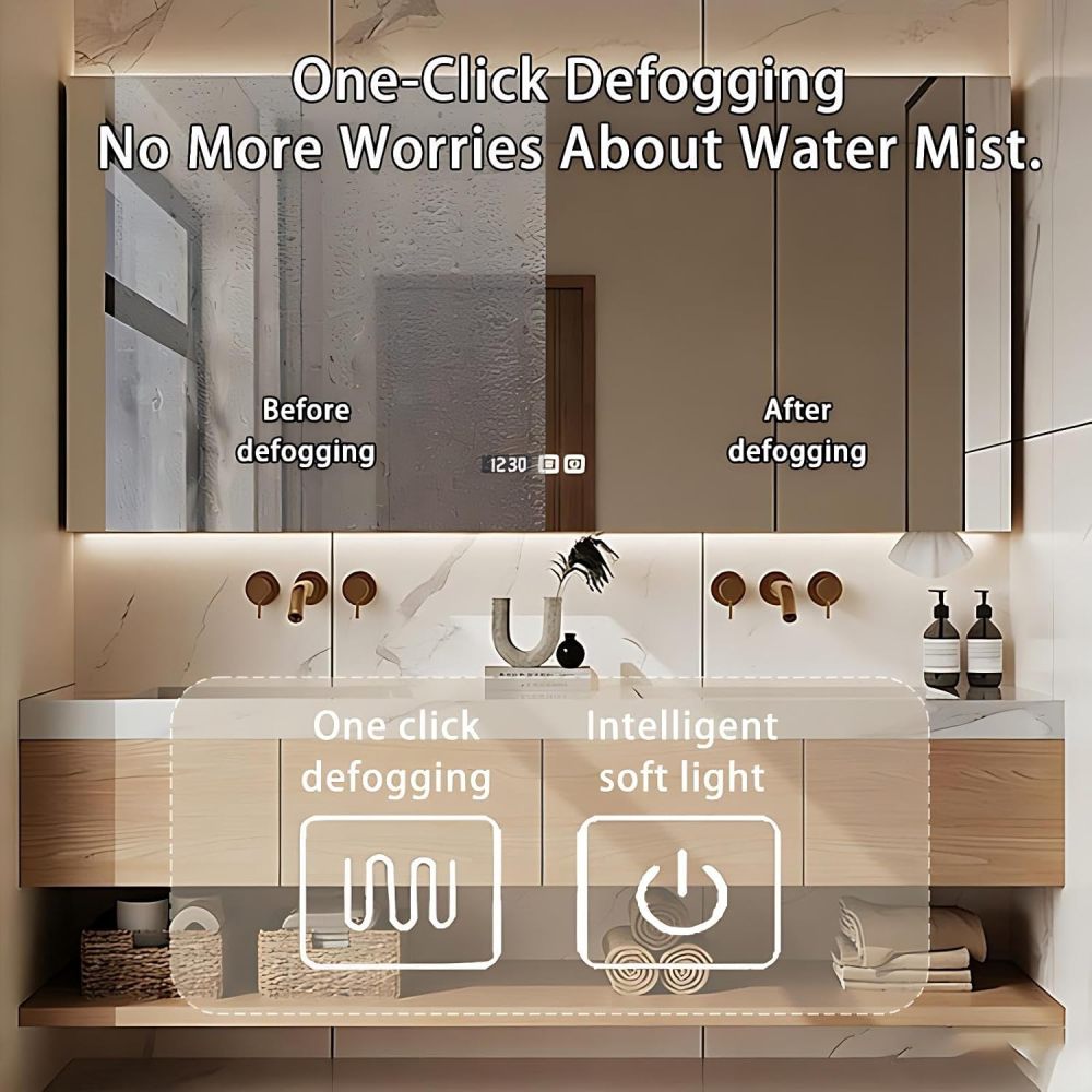 56IN Double Sink Bathroom Vanity - Modern Bathroom Vanity with Smart Defog Mirror Cabinet, One-Touch Defog, Sink Cabinet with Multiple Storage Areas, Multi-Layer Solid Wood, Mirror Cabinet