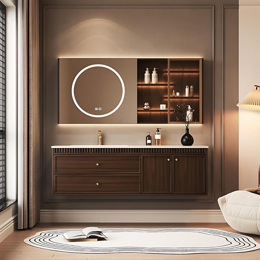 Modern Bathroom Vanity - with Sink and Anti-Fog Mirror | Glass Side Storage Cabinet | Rock Slab Ceramic Basin | Soft Close Drawers | Gold Handles | Deep Walnut Finish(Brown,56 in)