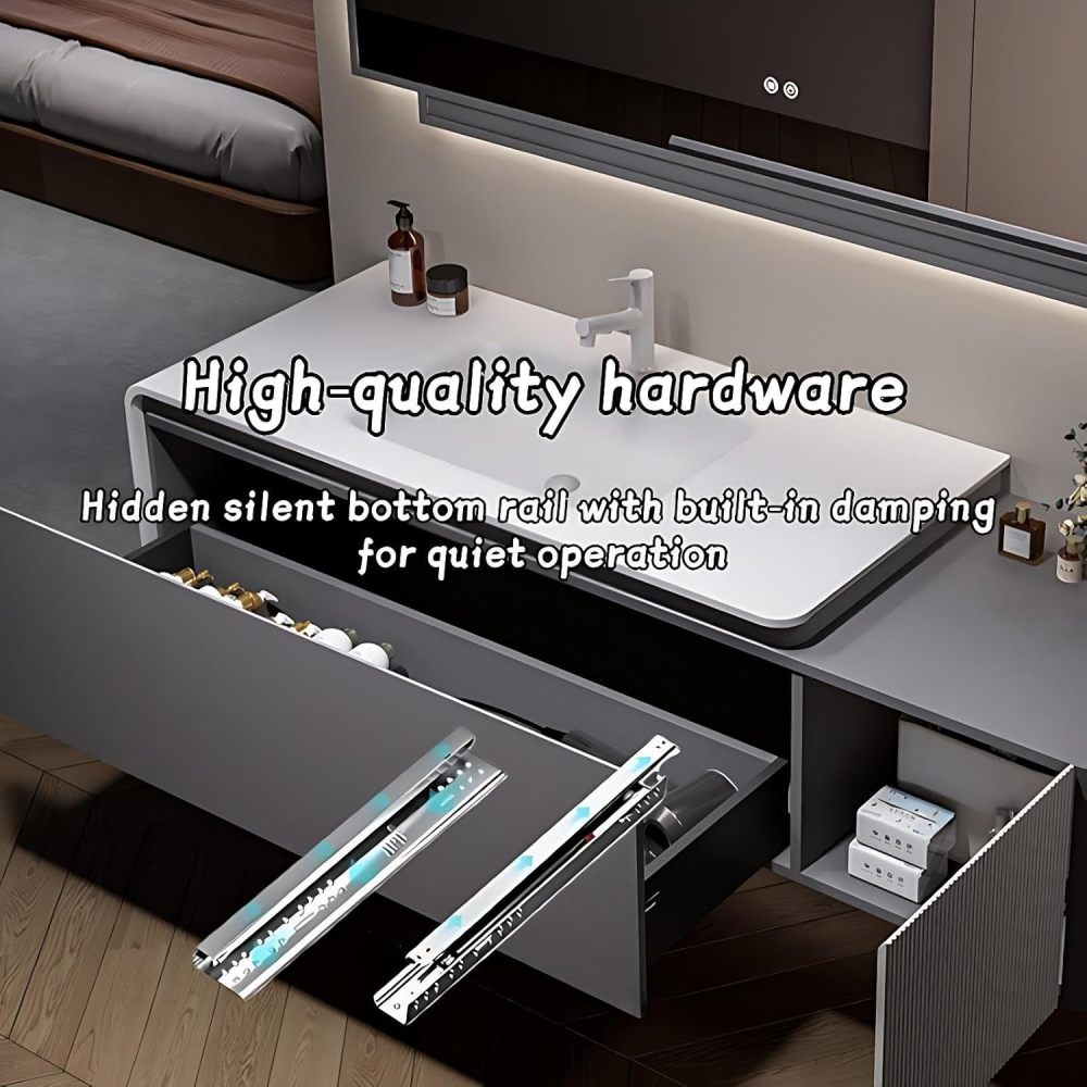 Modern Bathroom Vanity - with Sink and Anti-Fog Mirror | Light Gray Cabinet | Solid Wood Bathroom Vanity Cabinet | White Corian Integrated Basin | Large Storage | Soft Close Drawer(Gray,52 in)