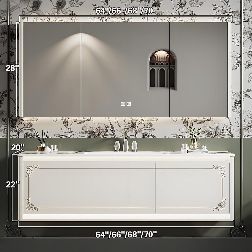 70IN Milky White Modern Bathroom Vanity with Sink - Solid Wood Wall-Mounted Cabinet with Drawer, Sensor Light, Stylish Floating Storage