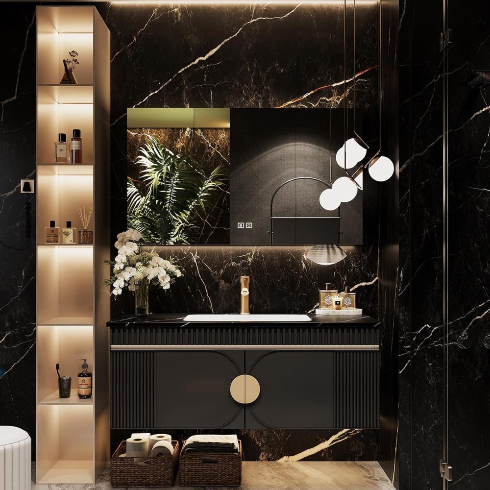 86IN Black Single Sink Bathroom Vanity - Floating Bathroom Vanity Set | Stylish Luxury Design | Featuring LED Smart Defogging Mirror Cabinet & Marble Countertop | Oak Material