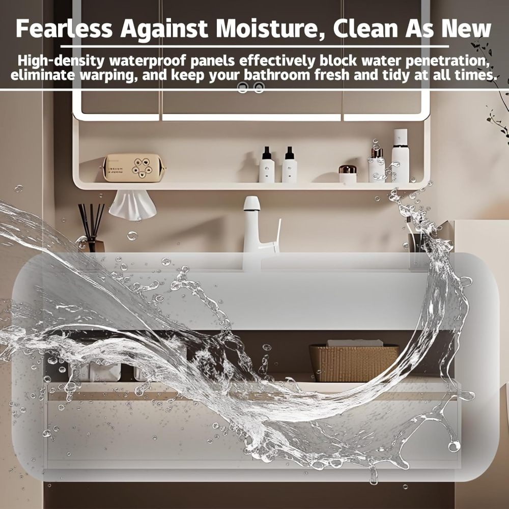 86IN Smart Bathroom Vanity with Sink - Wall-Mounted Bathroom Vanity Set | Equipped with LED Defogging Mirror Cabinet | Seamless Stone Countertop | Modern Design | Multi-Layer Solid Wood