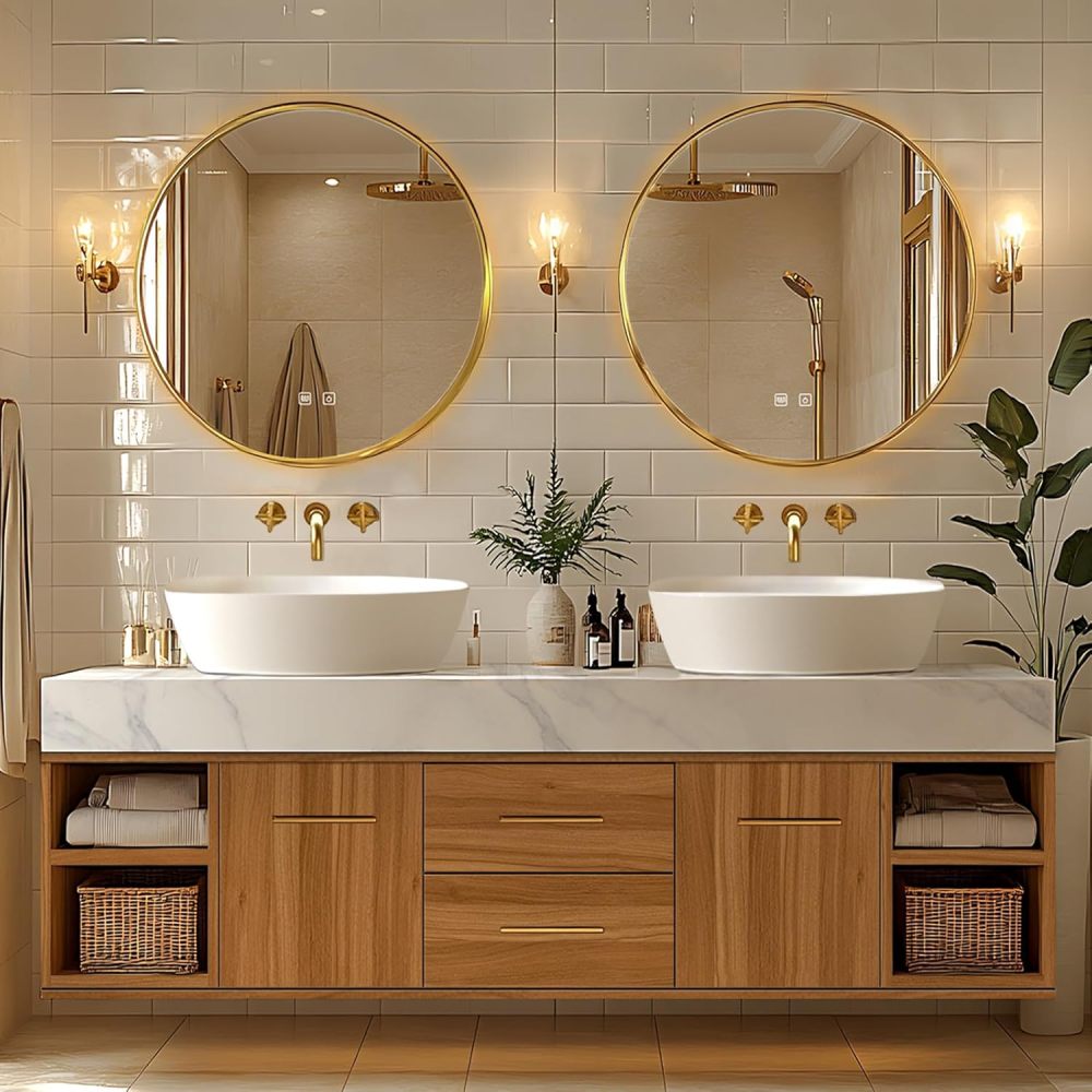 Bathroom Vanity - Floating Bathroom Vanity with Double Sinks Includes Above Counter Sink & Round Mirror|Retro Log Style,Exquisite Handle,Open Storage Cabinet(68IN)
