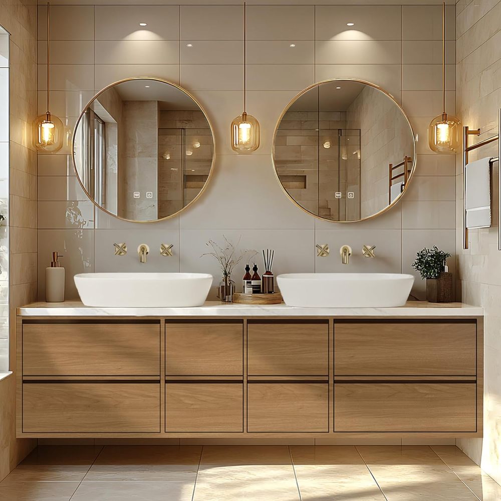 Bathroom Vanity - Floating Bathroom Vanity with Double Sinks Includes Round Mirror & Solid Wood Cabinet|American Country Style,LED Smart Defog Mirror(72IN)