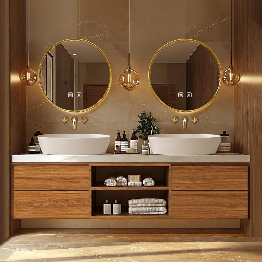 Bathroom Vanity - Floating Bathroom Vanity with Double Sinks Includes Above Counter Sink & Patterned Countertop|Modern Log Style,Open Storage Rack,LED Smart Mirror(78IN)