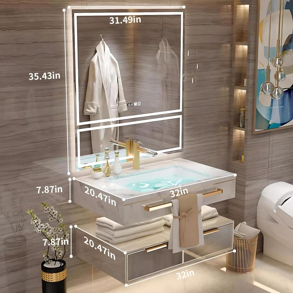 Bathroom Vanity with Sink - Modern Single/Double Sink Floating Bathroom Vanity Cabinet with LED Defog Mirror Set, Faucet Accessories Included (Single Sink,32")