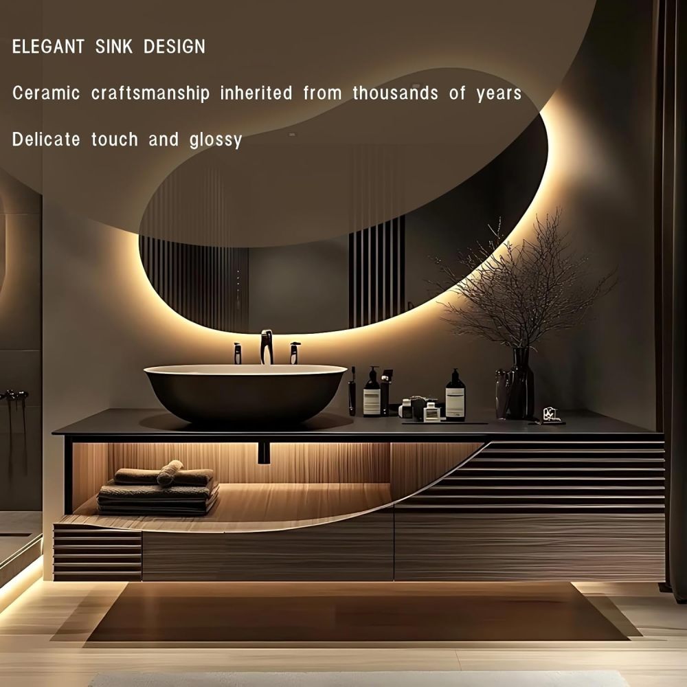 Modern Bathroom Vanity with Sink - Wall-Mounted Floating Solid Wood Bathroom Vanity | LED Smart Anti-Fog Mirror,Stylish Above-Counter Ceramic Sink (Brown,56 in)