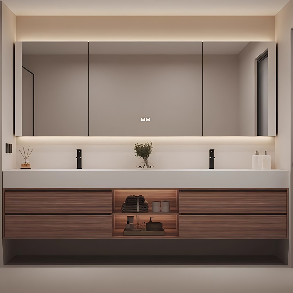 Bathroom Vanity - Double Sink Bathroom Vanity with Smart LED Defog Mirror Cabinet, One-Touch Defog & LED Lighting, Wall Mounted Cabinet with Multiple Storage Spaces