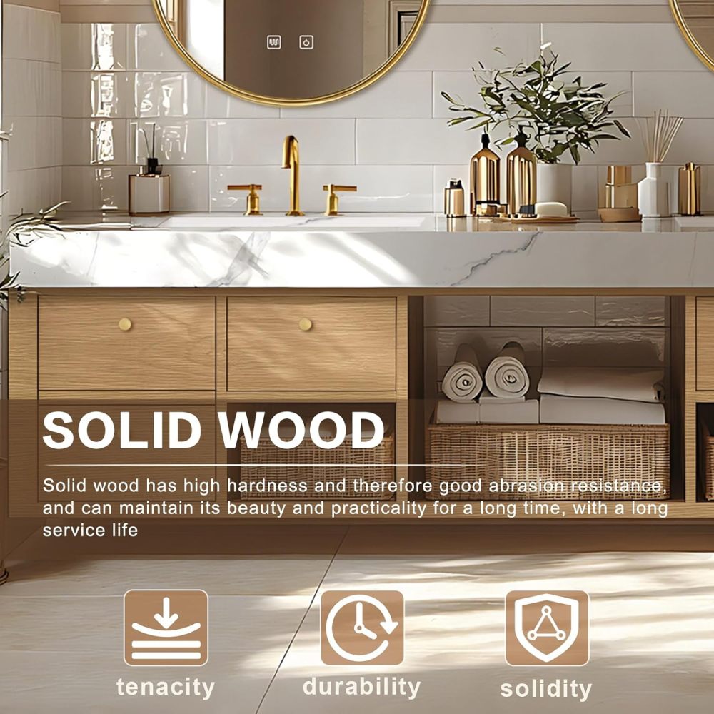 Bathroom Vanity - Floating Bathroom Vanity with Double Sinks Includes American Country Style & Round Mirror|Open Storage Rack,Exquisite Handle,LED Smart Mirror(88IN)