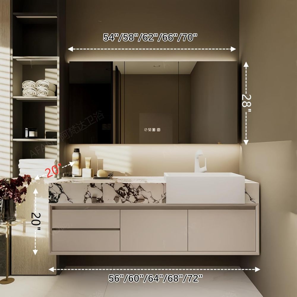 72 in Modern Bathroom Vanity with Sink - Floating Wall-Mounted Solid Wood Vanity Cabinet with Smart Mirror | Raised Ceramic Basin | Anti-Fog LED Mirror | Mirror Cabinet