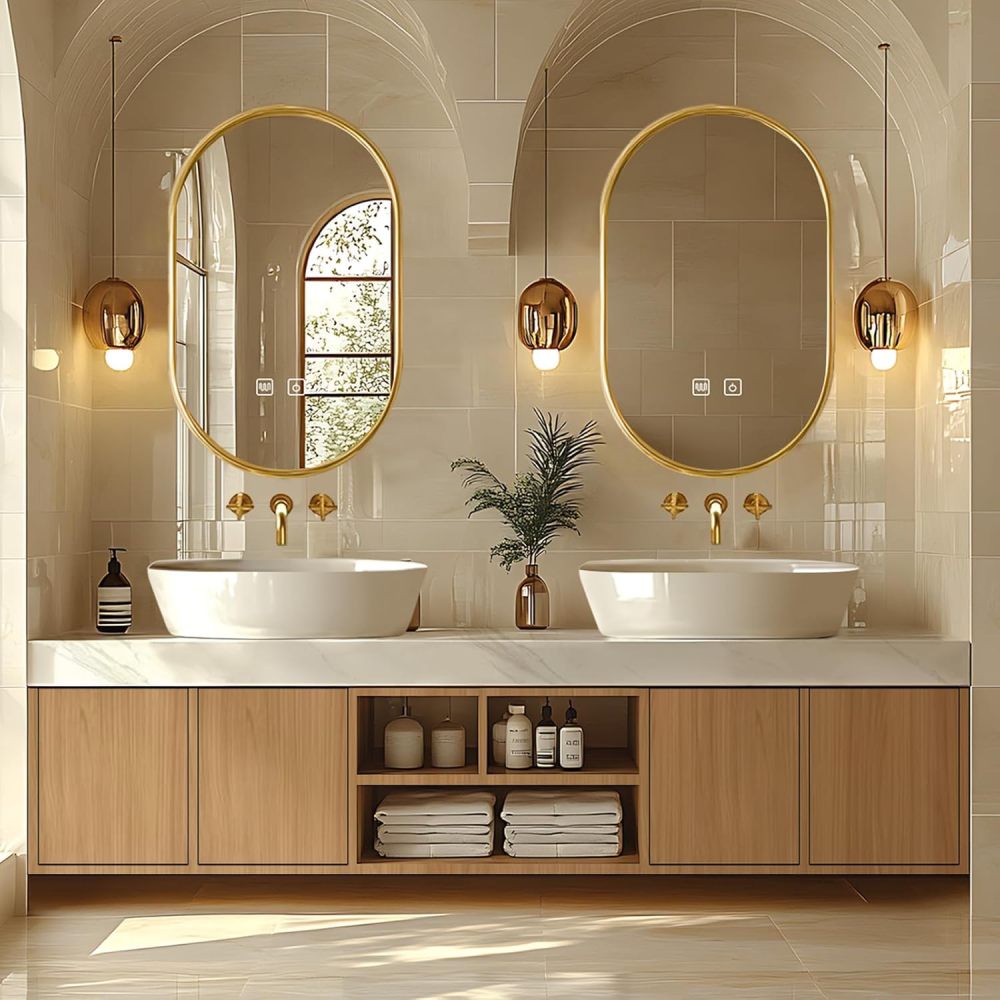 Bathroom Vanity - Modern Bathroom Vanity with Double Sinks Includes Solid Wood Cabinet & Round Mirror|Retro Log Style,Open Storage Rack,Hidden Handle(72IN)
