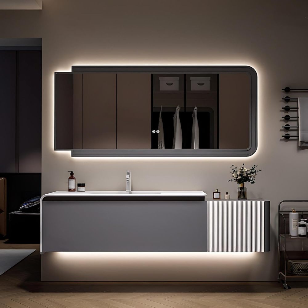 Modern Bathroom Vanity - with Sink and Anti-Fog Mirror | Light Gray Cabinet | Solid Wood Bathroom Vanity Cabinet | White Corian Integrated Basin | Large Storage | Soft Close Drawer(Gray,52 in)