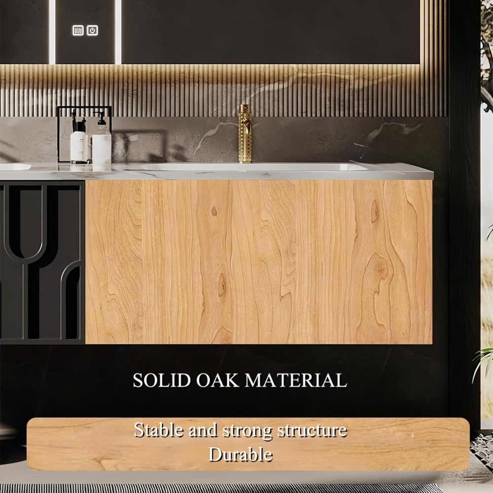 76 in Double Bathroom Vanity with Sink - Floating Solid Wood Bathroom Vanity Cabinet with LED Anti-Fog Mirror, Modern Stylish Vanity for Luxury Bathrooms | Black