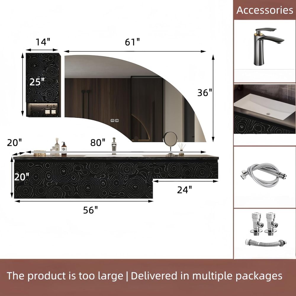 80 in Luxury Bathroom Vanity Set - Floating Bathroom Vanity Cabinet with Sink & LED Smart Defogging Mirror | Increase Makeup Area | Multi-Layer Solid Wood Material | Gray-Left