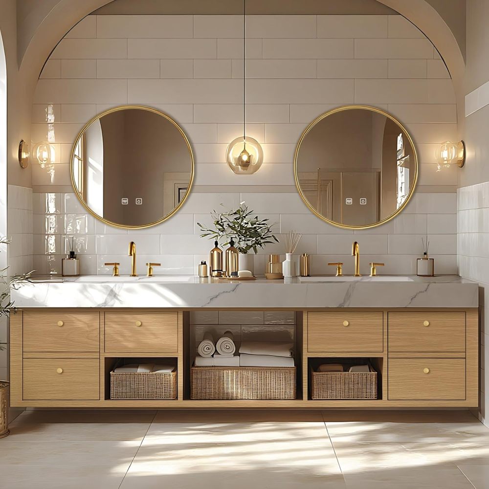 Bathroom Vanity - Floating Bathroom Vanity with Double Sinks Includes American Country Style & Round Mirror|Open Storage Rack,Exquisite Handle,LED Smart Mirror(88IN)