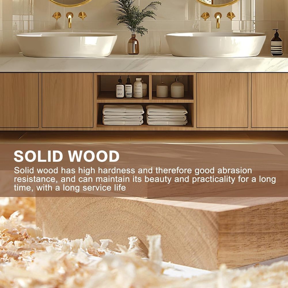 Bathroom Vanity - Modern Bathroom Vanity with Double Sinks Includes Solid Wood Cabinet & Round Mirror|Retro Log Style,Open Storage Rack,Hidden Handle(72IN)