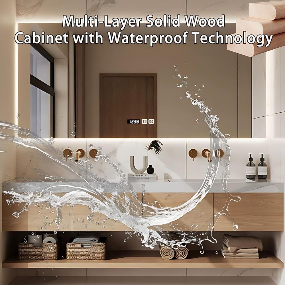 56IN Double Sink Bathroom Vanity - Modern Bathroom Vanity with Smart Defog Mirror Cabinet, One-Touch Defog, Sink Cabinet with Multiple Storage Areas, Multi-Layer Solid Wood, Mirror Cabinet