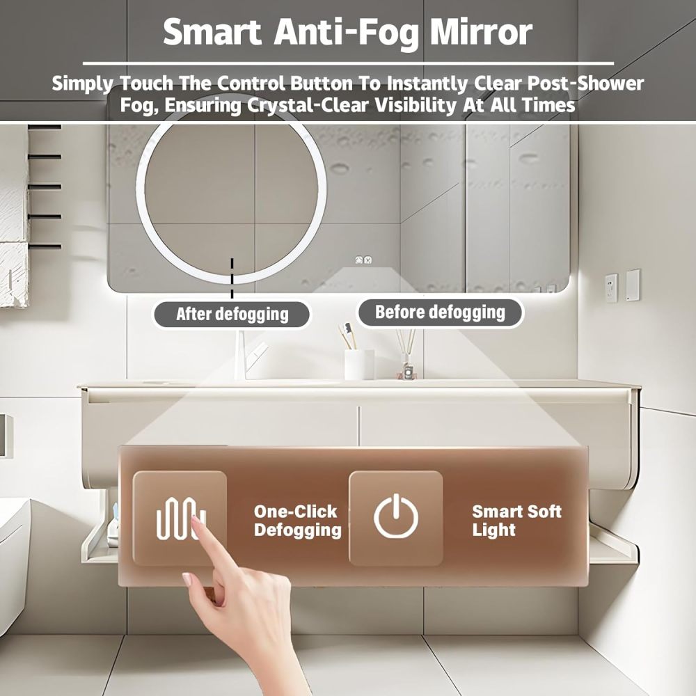 62IN Solid Wood Bathroom Vanity with Sink - Floating Bathroom Vanity Cabinet | Curved and Stylish Design | Equipped with LED Smart Defogging Mirror | Integrated Countertop | Oak